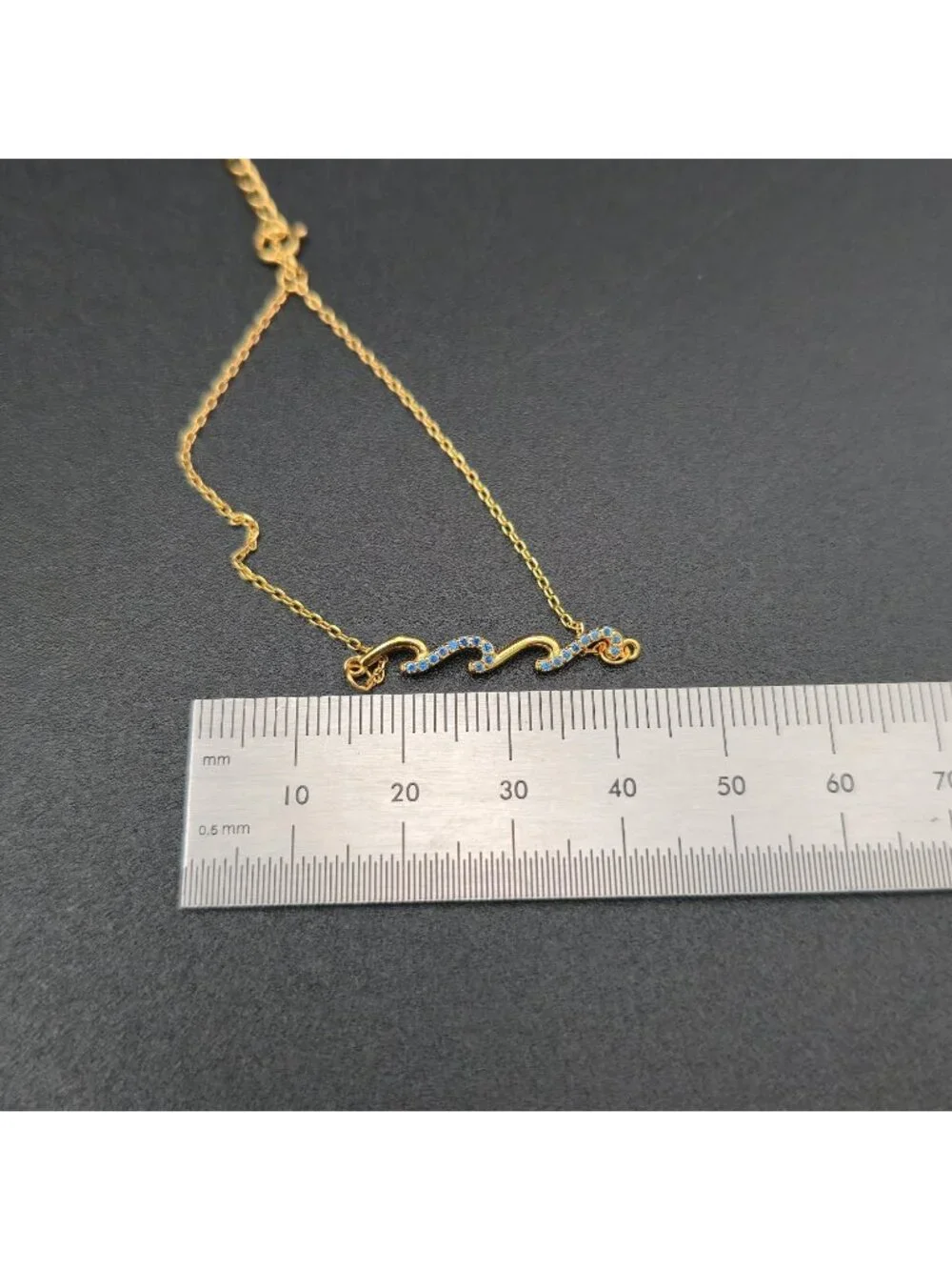 7+1 Inch Gold Over Sterling Silver Blue CZ Gem Wave Dainty Chain Bracelet A8156